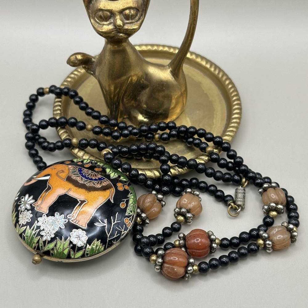 Vintage Cloisonne Beaded Black Onyx & Agate Trunk-Up Elephant Medallion Necklace